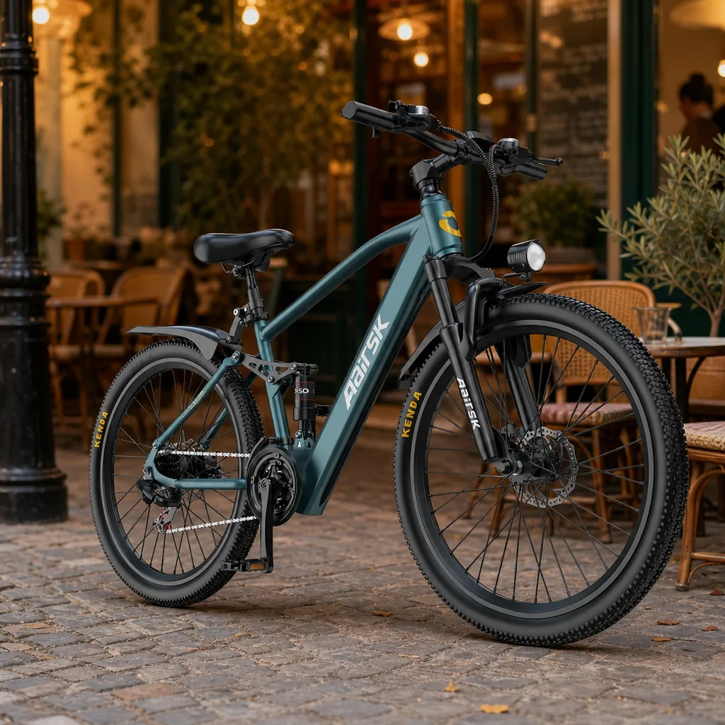 VTT électrique AAIRSK GT900 sur un sentier forestier, batterie amovible et cadre robuste