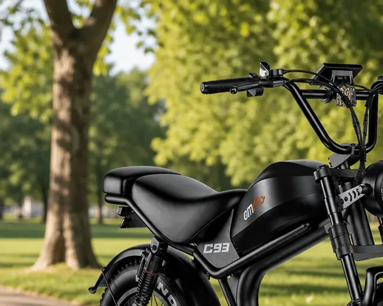 Deux fat bikes électriques Emoko côte à côte, un C93 et un C91, sur un sentier et en ville