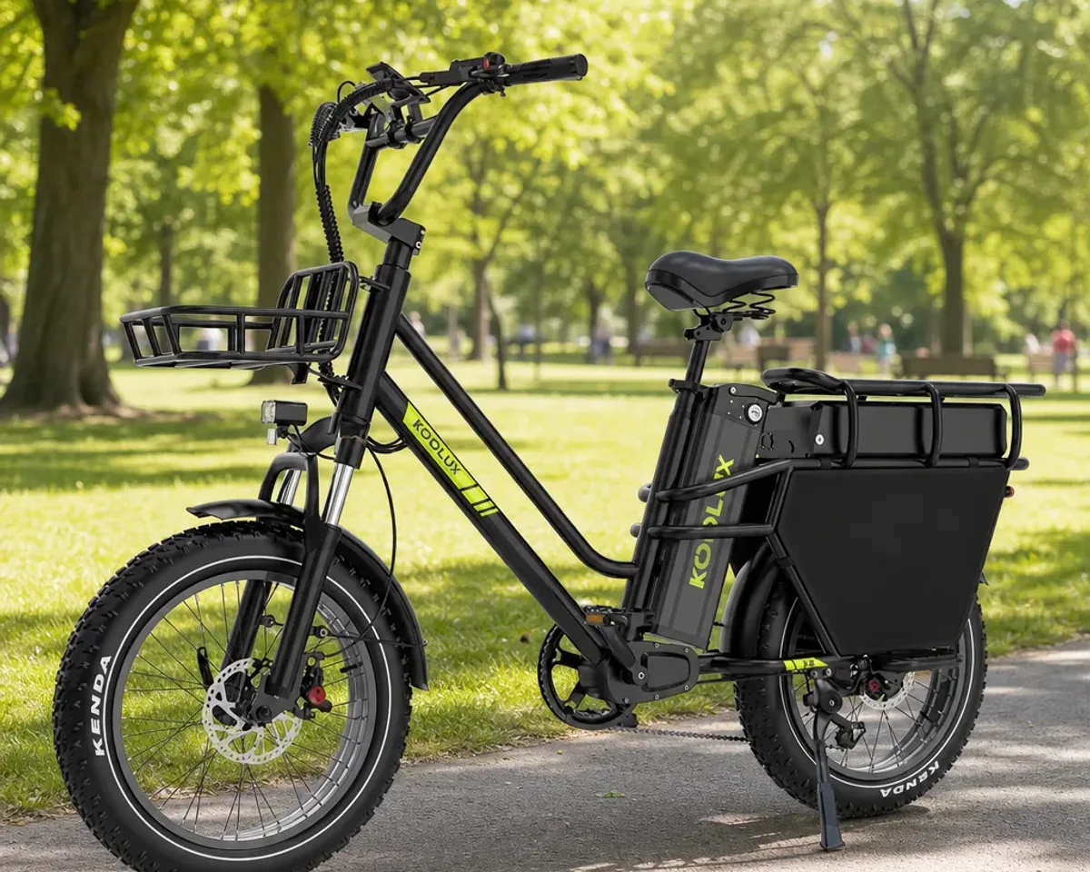 Vélo électrique cargo français transportant des enfants et des courses en ville.
