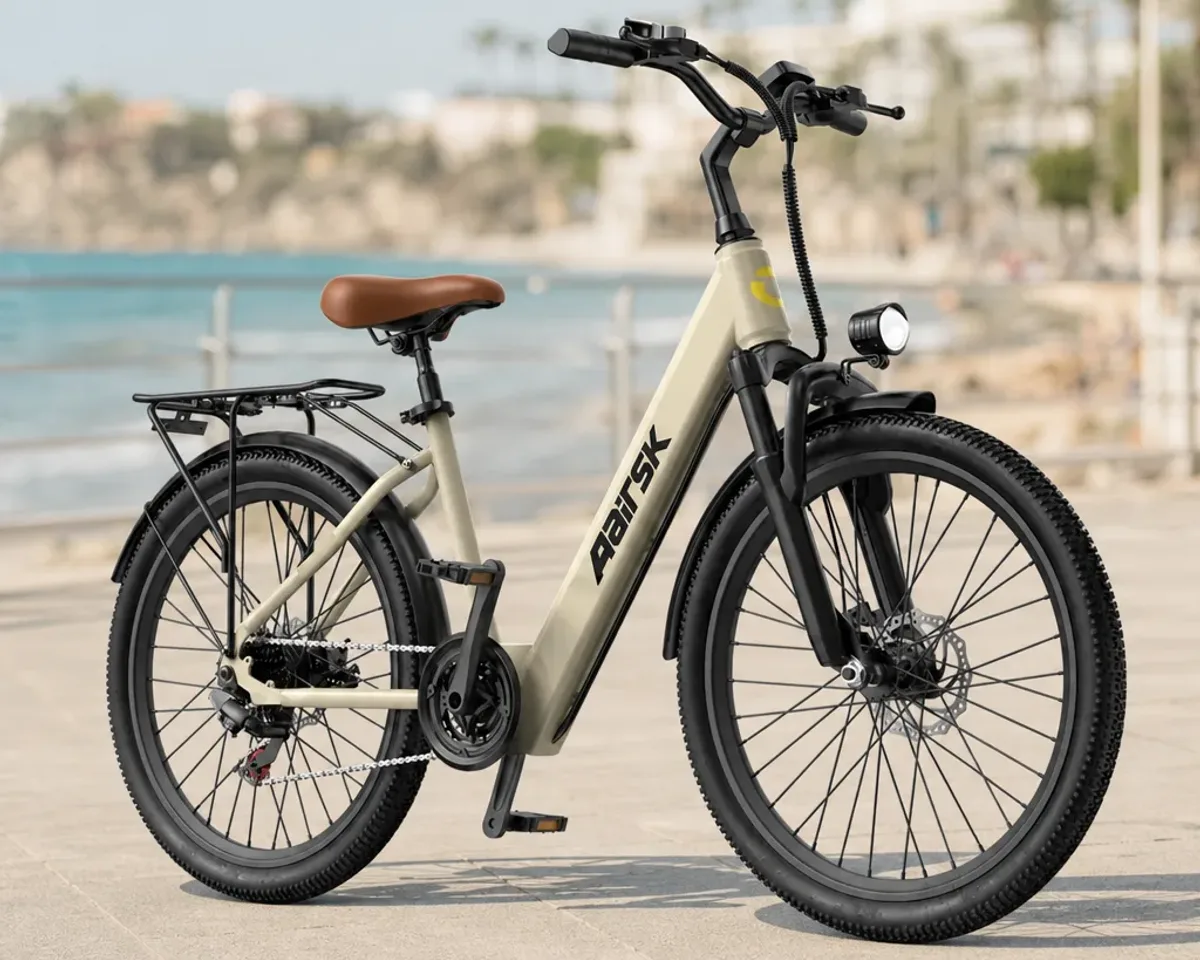 Vélos électriques urbains circulant en ville, avec cyclistes sur une piste cyclable