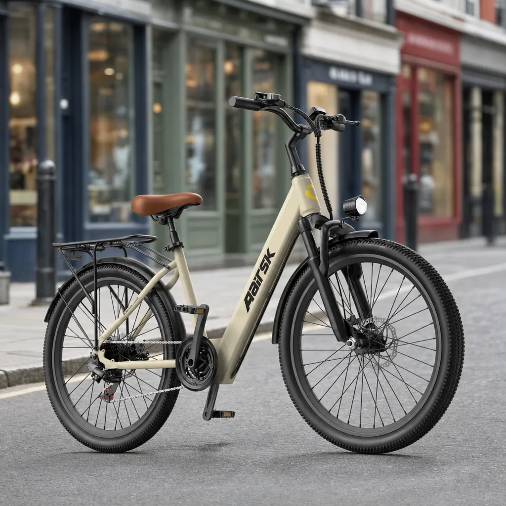 Vélo électrique urbain AAIRSK SU7 blanc posé en ville