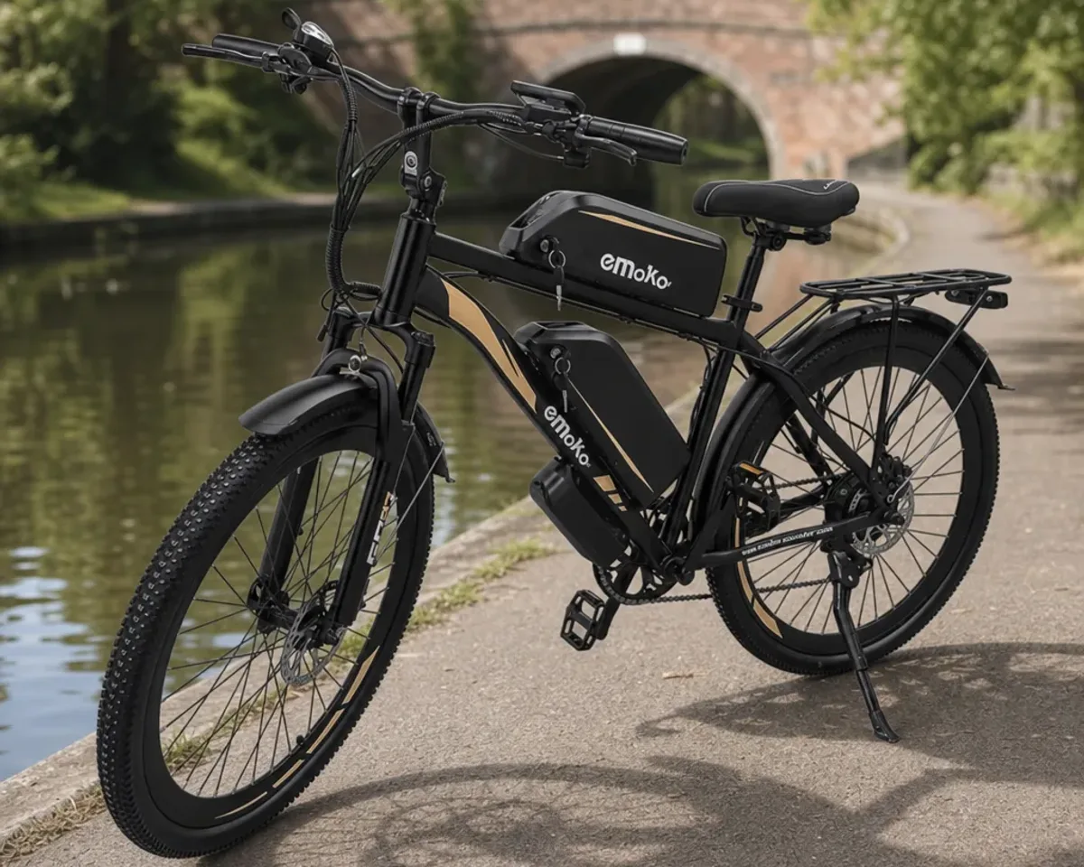 EMOKO EC27 Pro, VTT électrique 27,5 pouces, en action sur un sentier forestier.