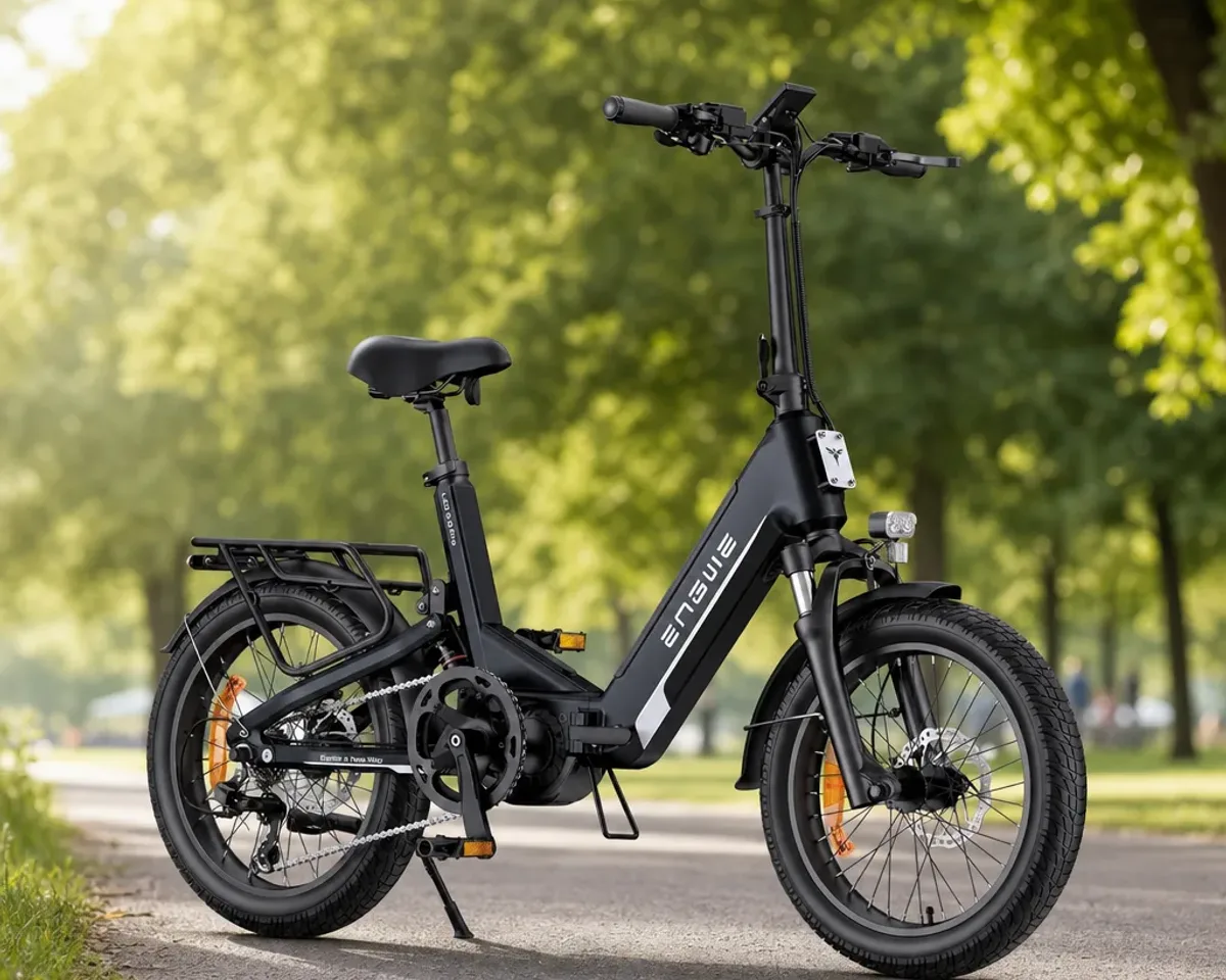 ENGWE L20 3.0 Boost, vélo électrique pliant à pneus fat, posé sur une route urbaine