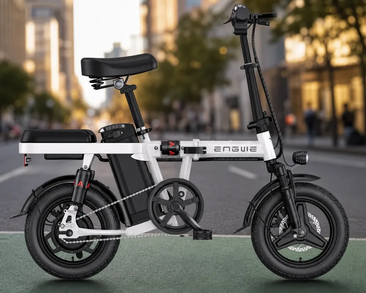 ENGWE T14 vélo électrique pliant gris anthracite posé en ville, prêt pour un essai