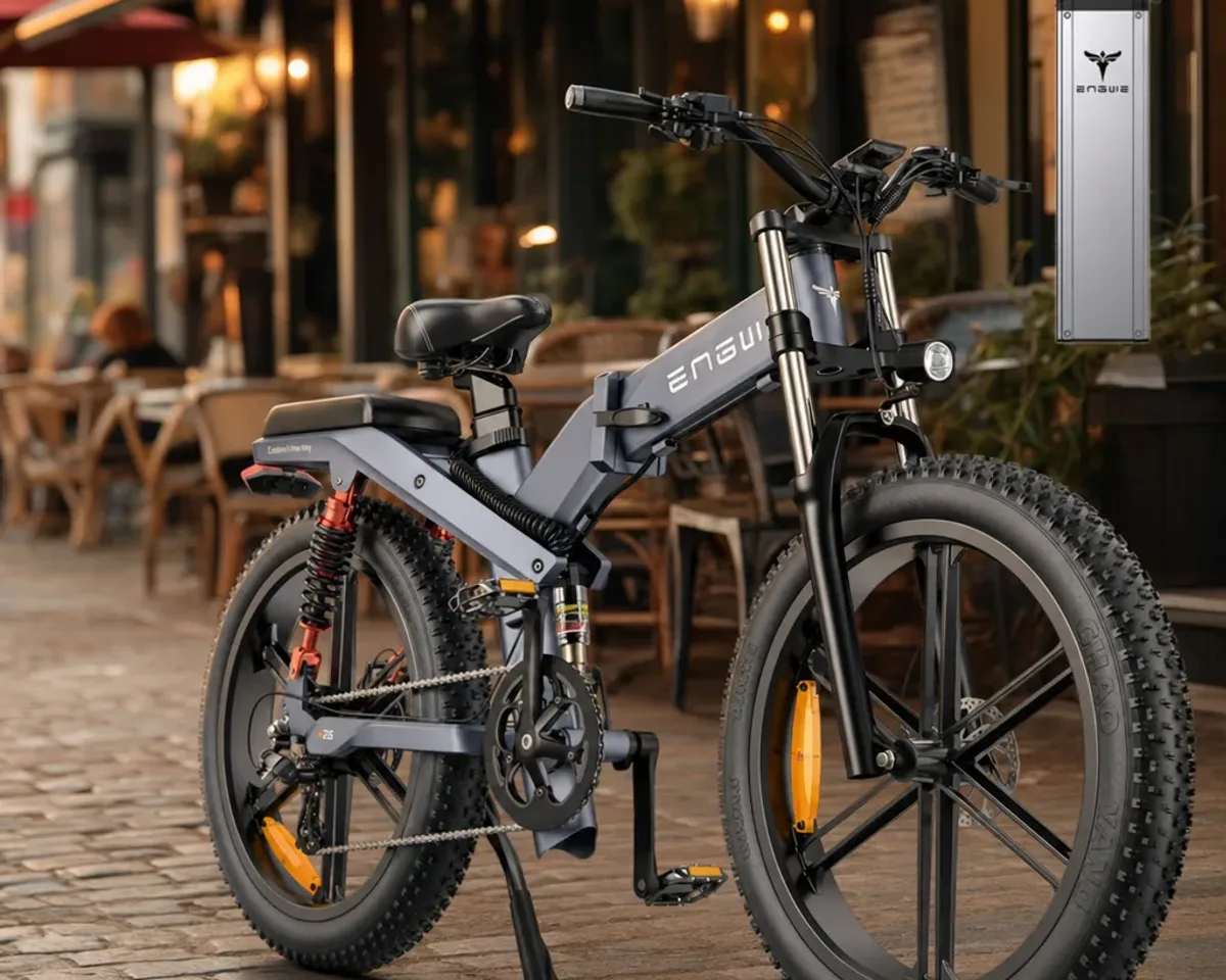 Vélo électrique ENGWE X26 double batterie en test sur un chemin forestier