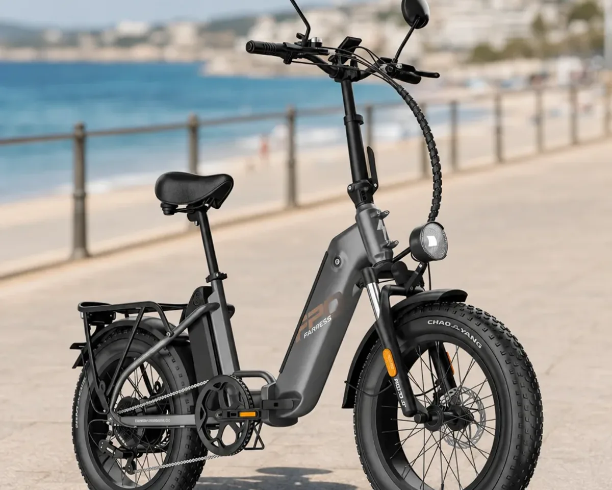 Vélo électrique pliant FAFREES FF20 Polar plié à côté d'un banc public en ville