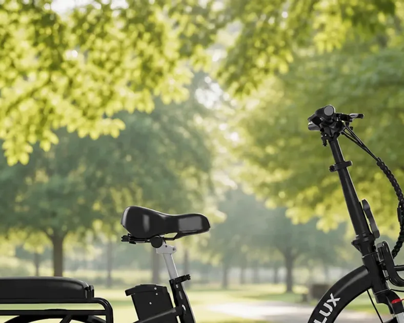 Vélo électrique pliant Koolux X16 posé sur un trottoir, vu de profil, avec sa batterie et son cadre pliable.