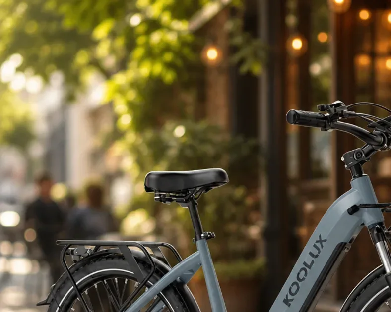 Koolux X2 vélo électrique urbain avec cadre aluminium et pneus larges sur piste cyclable