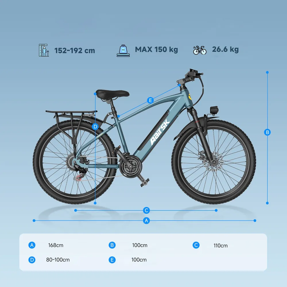 Vélo électrique urbain Aairsk S800 26 pouces, mixte, batterie 36V13Ah