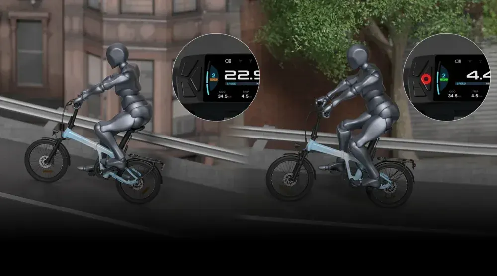 Batterie intégrée au tube de selle de l'ADO Air 20 Pro, avec port de charge