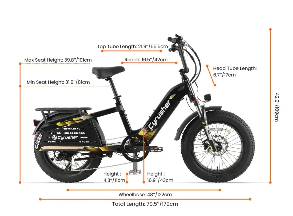 Cyrusher Glider cargo e-bike vue latérale complète, cadre aluminium noir, pneus CST 20 pouces, porte-bagages arrière.
