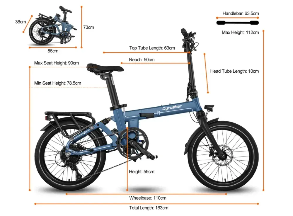 Cyrusher Sonder plié, vue latérale complète, cadre en aluminium noir, roues compactes