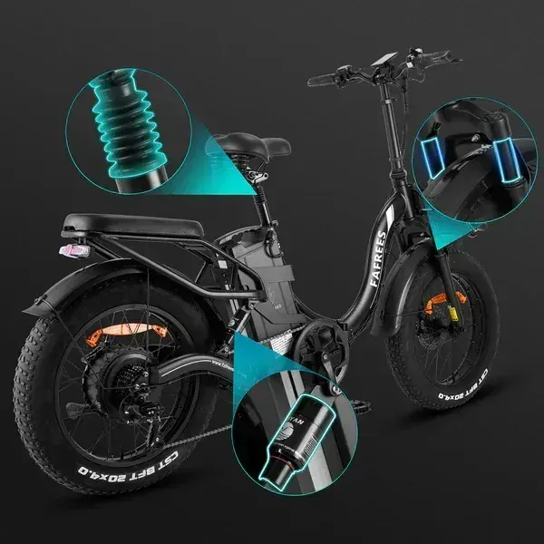 Moteur arrière de 750W du Fafrees F20 X-Max, visible sur la roue, avec câbles.