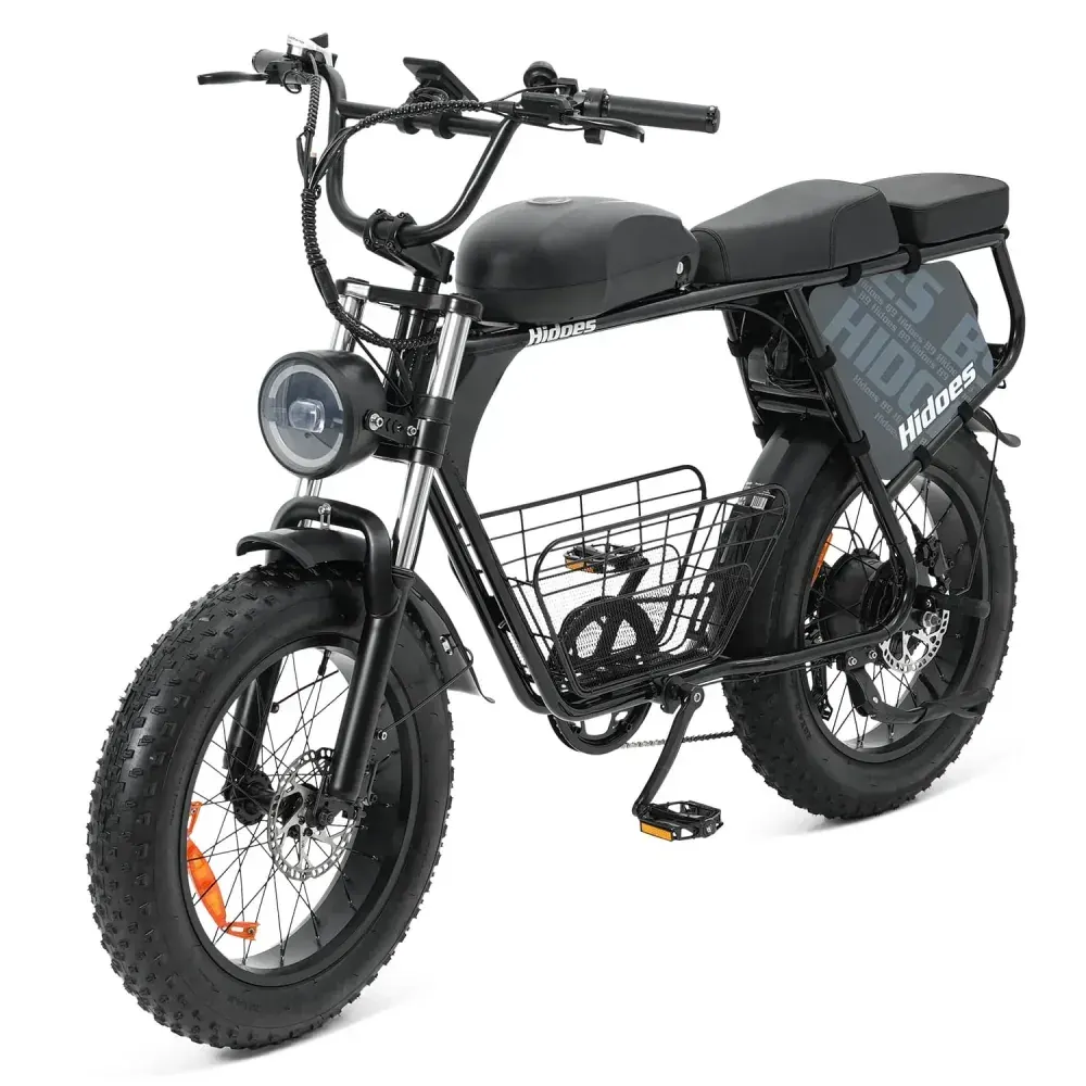 Hidoes B9 vue latérale complète sur fond urbain, pneus larges et double batterie visibles.