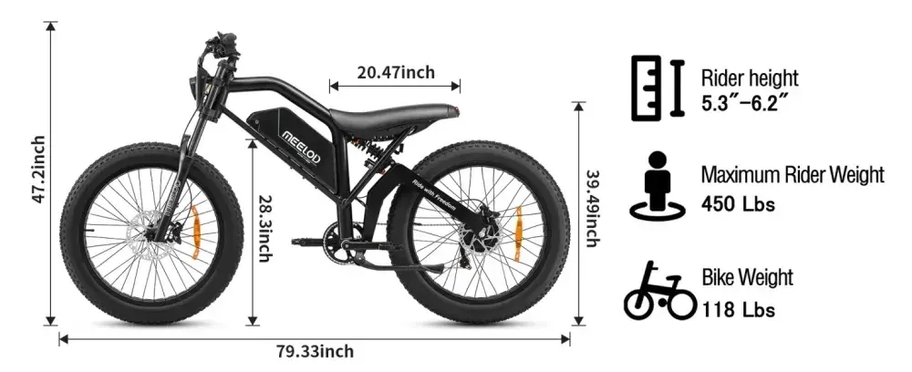 Meelod XT600, vue latérale complète, pneus larges, cadre robuste, guidon droit.