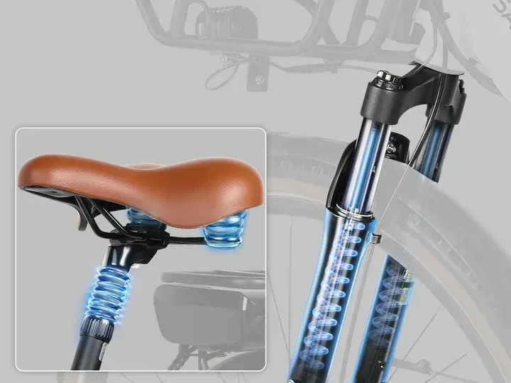 Samebike RS-A07 en utilisation urbaine, cycliste sur piste cyclable, suspension avant et selle confort.