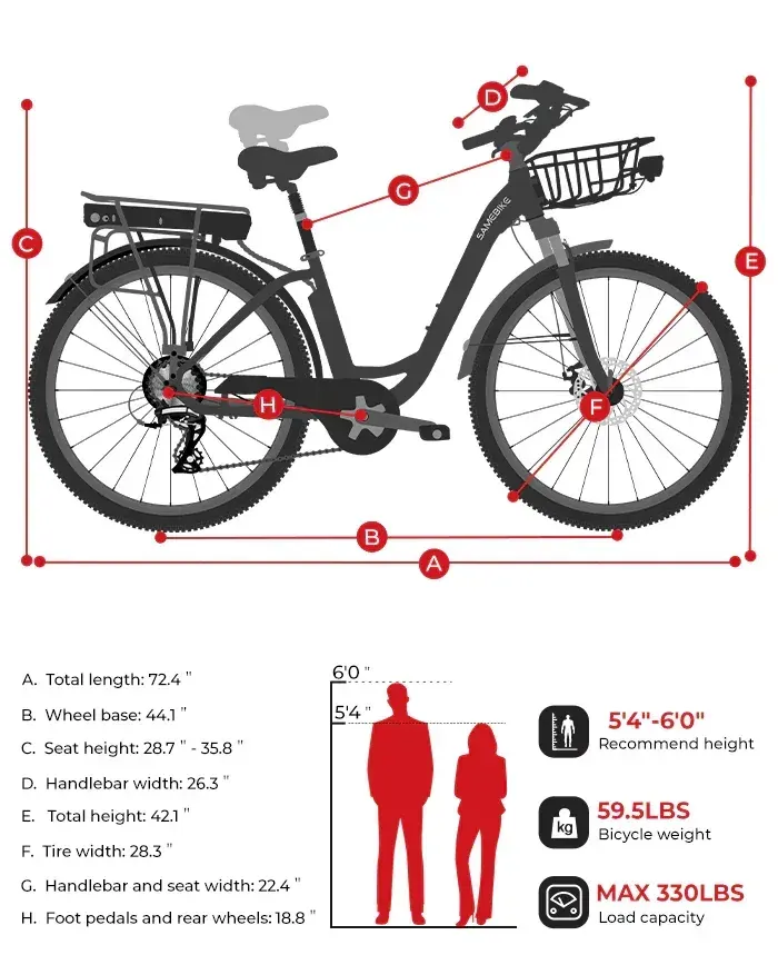 Samebike RS-A07 en vue latérale complète, cadre en aluminium 6061, roues de 28 pouces, guidon incurvé.