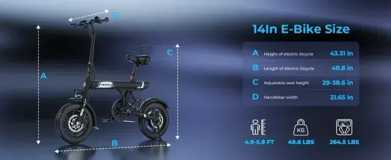 Varun C14-1, vue latérale complète, vélo électrique pliant noir sur fond urbain.
