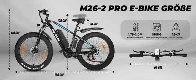 Varun M26-2 PRO vélo électrique, vue latérale complète, cadre en aluminium, pneus larges