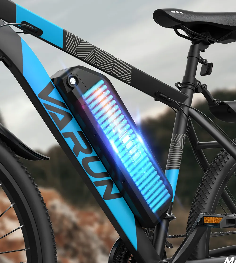 Logo VARUN sur VTT électrique, marque fiable de vélos électriques