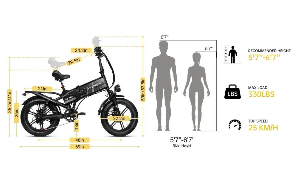 Victrip R5 Pro vélo électrique pliant en vue latérale complète, cadre robuste et roues de 20 pouces.