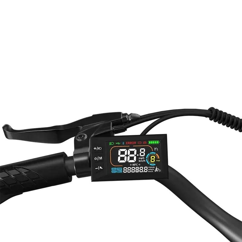 Écran LCD multifonction et poignée gauche du PIXAR C1, vue rapprochée du guidon