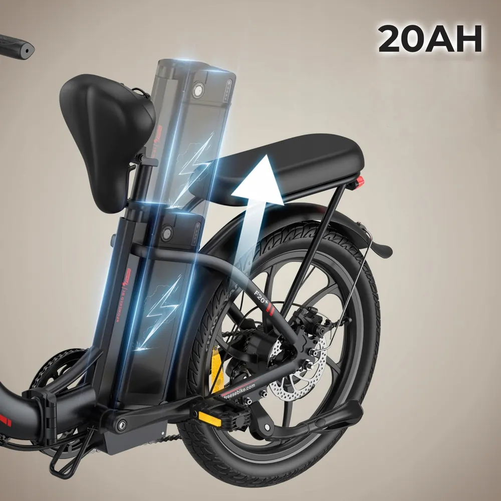 Modèle Fafrees F20+ rouge, vélo électrique pliant avec batterie 20Ah.
