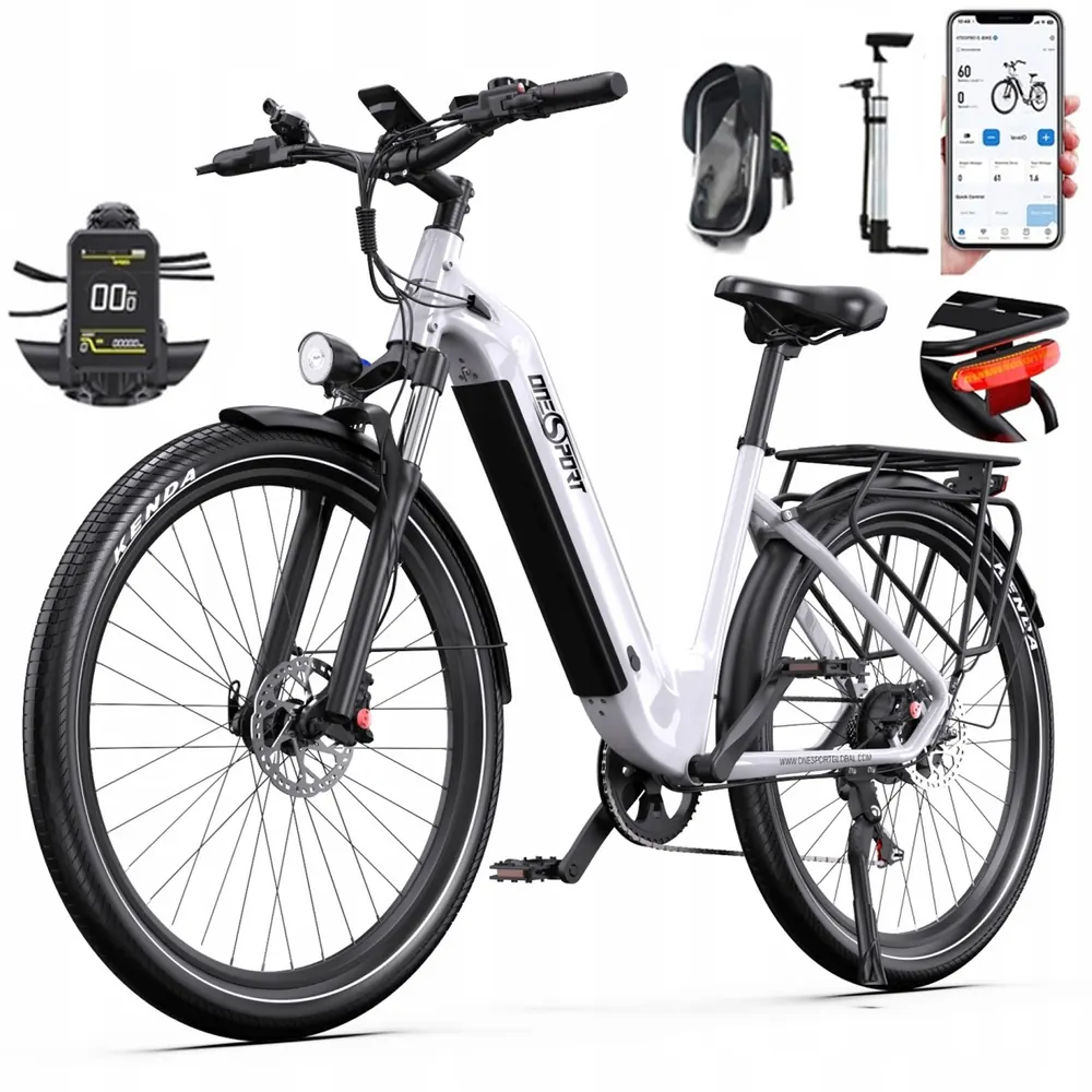 Onesport OT05 e-bike blanc vue latérale, cadre et roues 27,5 pouces